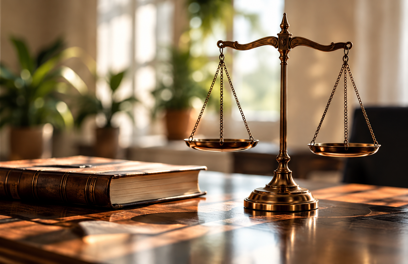 Balance scales beside a legal reference book